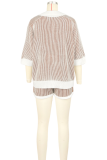 Green Casual Stripe Turndown Collar Short Sleeve Two Pieces