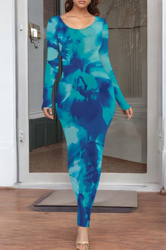 Blue Casual Print O Neck Long Dresses
