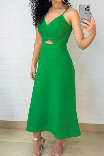 Green Sexy Solid Color Hollow Out Spaghetti Strap Long Dresses