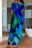 Turquoise Casual Print O Neck Long Dresses