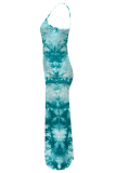 Turquoise Sexy Print Backless Spaghetti Strap Long Dresses