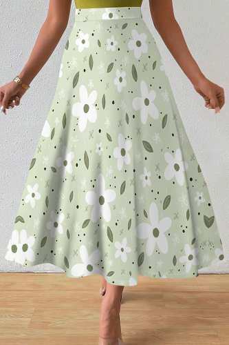 Light Green Casual Print Loose Mid Waist Speaker Full Print Bottoms