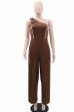 Dark Brown Casual Solid Color Bow Decor Oblique Collar Regular Jumpsuits