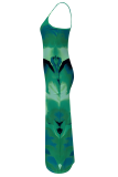 Dark Blue Sexy Print Spaghetti Strap Long Dresses
