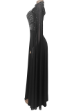 Black Sexy Elegant Solid Color Hollow Out Hot Drill O Neck Long Dresses