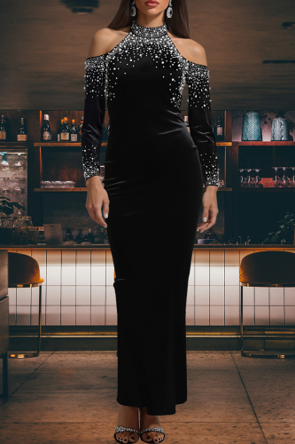 Black Sexy Elegant Solid Color Hot Drill O Neck Long Dresses