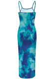 Turquoise Sexy Print Backless Spaghetti Strap Long Dresses