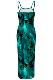 Turquoise Sexy Print Backless Spaghetti Strap Long Dresses