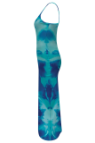Turquoise Sexy Print Backless Spaghetti Strap Long Dresses