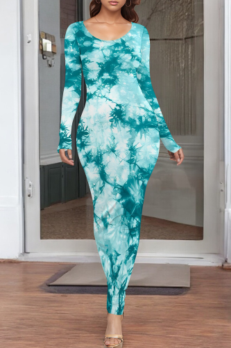 Baby Blue Casual Print O Neck Long Dresses