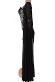 Black Sexy Elegant Solid Color Hot Drill O Neck Long Dresses