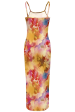 Turquoise Sexy Print Backless Spaghetti Strap Long Dresses