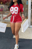 Red Casual Digital Contrast V Neck Short Sleeve Two Pieces