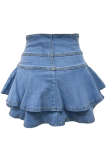 Blue Sexy Solid Color Buckle Loose Denim Skirts