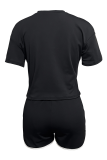 Red Casual Digital Contrast V Neck Short Sleeve Two Pieces