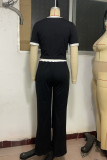 Black Casual Letters Contrast O Neck Short Sleeve Two Pieces