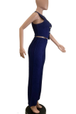 Deep Blue Casual Solid Color Buckle O Neck Sleeveless Two Pieces