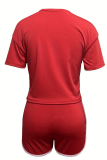 Red Casual Digital Contrast V Neck Short Sleeve Two Pieces