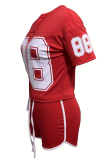 Red Casual Digital Contrast V Neck Short Sleeve Two Pieces