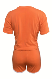 Red Casual Digital Contrast V Neck Short Sleeve Two Pieces