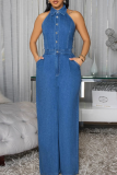 Blue Casual Solid Color Pocket Buckle Turndown Collar Loose Jumpsuits