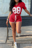 Red Casual Digital Contrast V Neck Short Sleeve Two Pieces