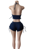 Blue Sexy Solid Color Cross Straps Spaghetti Strap Sleeveless Two Pieces