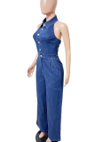 Blue Casual Solid Color Pocket Buckle Turndown Collar Loose Jumpsuits