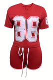 Red Casual Digital Contrast V Neck Short Sleeve Two Pieces