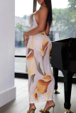 Apricot Elegant Print Backless Spaghetti Strap Long Dresses