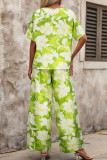 Green Casual Print V Neck Half Sleeve Two Pieces