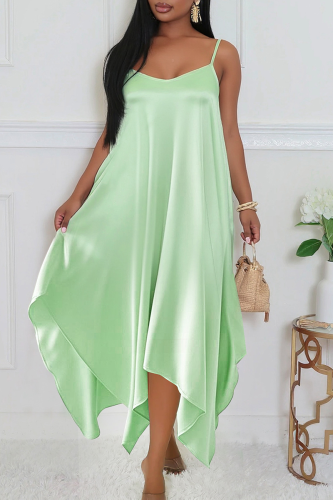 Green Sexy Solid Color Patchwork Spaghetti Strap Irregular Dresses