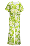 Green Casual Print V Neck Half Sleeve Two Pieces