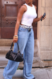 Blue Casual Solid Color Mid Waist Loose Denim Jeans