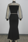 Black Elegant Solid Color See-Through Half A Turtleneck Long Sleeve Two Pieces