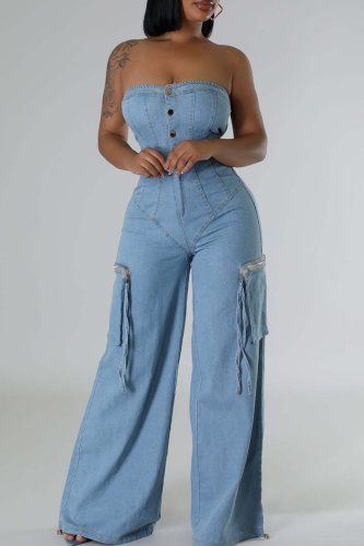 Light Blue Casual Solid Color Fringed Trim Pocket Strapless Sleeveless Loose Denim Jumpsuits