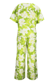 Green Casual Print V Neck Half Sleeve Two Pieces