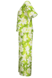 Green Casual Print V Neck Half Sleeve Two Pieces