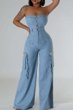 Light Blue Casual Solid Color Fringed Trim Pocket Strapless Sleeveless Loose Denim Jumpsuits