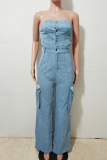 Light Blue Casual Solid Color Fringed Trim Pocket Strapless Sleeveless Loose Denim Jumpsuits