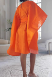 Tangerine Red Casual Solid Color Patchwork O Neck Irregular Dresses