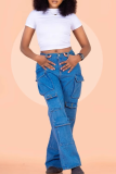 Blue Casual Solid Color Pocket Mid Waist Loose Denim Jeans