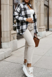 Black Casual Plaid Buckle Turndown Collar Tops
