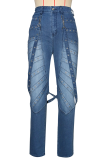Blue Casual Solid Color Rivets Mid Waist Regular Denim Jeans