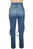 Blue Casual Solid Color Rivets Mid Waist Regular Denim Jeans
