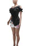 Black Sexy Solid Color Irregular Flounce Off Shoulder T-Shirts