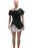 Black Sexy Solid Color Irregular Flounce Off Shoulder T-Shirts