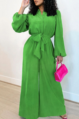 Green Casual Solid Color Buckle Strap Design Turndown Collar Loose Jumpsuits
