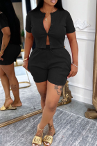 Black Casual Solid Color Buckle O Neck Short Sleeve Two Pieces