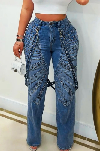 Blue Casual Solid Color Rivets Mid Waist Regular Denim Jeans